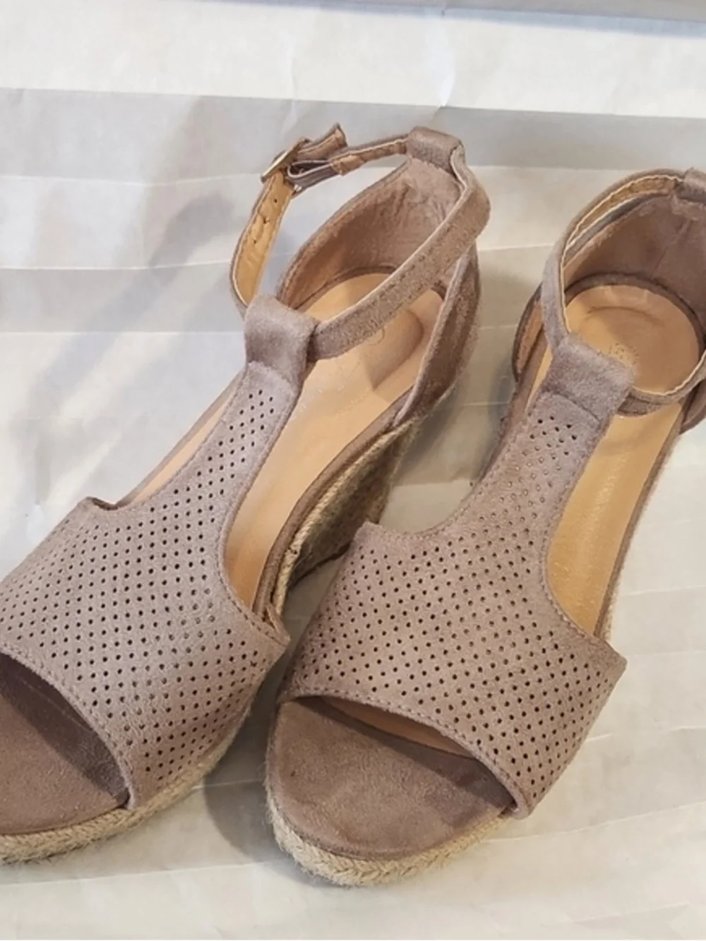 Women’s Taupe Suede Wedge Sandals with Ankle Strap